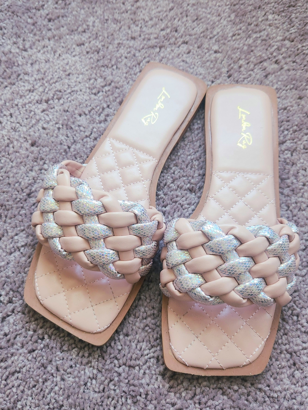 Light Pink Braided Slide Sandals with Iridescent Accents